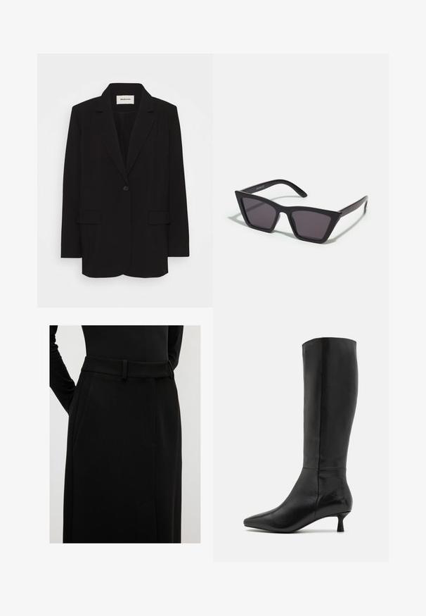 Černý blazer vyrobený z hladké tkaniny, s uzavíráním na jeden knoflík, klopovými límci a dvěma předními kapsami. Minimalistický design s volnějším střihem.; Černý top s tenkými nastavitelnými ramínky, krajkovým lemem kolem výstřihu a hladkým saténovým povrchem. Jednoduchý a elegantní design.; Černá upravená sukně s hladkou texturou, poutky na opasek a bočními kapsami. Jednoduchý, rovný střih s čistým provedením.; Zign Vysoká obuv - black; Černé, ostré sluneční brýle s šedými skly; vyrobené z plastu, s mohutnými rameny a hladkým povrchem bez viditelného hardwaru.