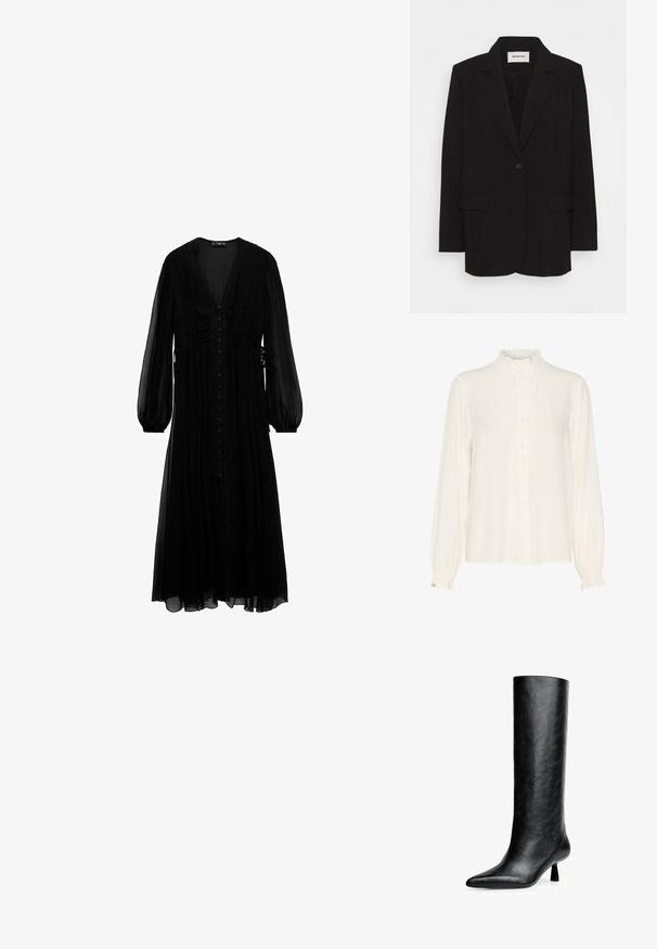Schwarzes Blazer aus glattem Stoff, mit einem einzelnen Knopfverschluss, Reverskragen und zwei Fronttaschen. Minimalistisches Design mit lockerer Passform.; Weiße Bluse aus glattem Stoff, mit einem gerafften hohen Kragen, Knopfleiste und langen Ärmeln mit Bündchen.; Schwarzes Maxikleid aus durchscheinendem Stoff, mit langen Ärmeln, tiefem V-Ausschnitt, Knopfverschluss und gerafftem Detail an der Taille.; Schwarze kniehohe Stiefel aus strukturiertem Leder. Mit spitzem Zeh und kleinem, ausgestellt Absatz. Schlankes, glattes Design mit minimalen Akzenten.