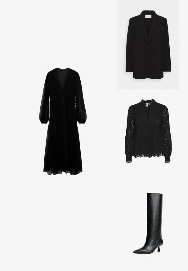 Blazer nero in tessuto liscio, con chiusura a un bottone, rever a punta e due tasche frontali. Design minimalista con vestibilità rilassata.; Blusa nera con collo alto, maniche lunghe e intricati motivi a intaglio, con orlo a peplo e bordi scallop.; Abito maxi nero realizzato in tessuto trasparente, con maniche lunghe, scollatura a V profonda, chiusura con bottoni sul davanti e dettagli arricciati in vita.; Stivale nero al ginocchio realizzato in pelle testurizzata. Caratterizzato da una punta affilata e un tacco piccolo e svasato. Design elegante e liscia con accentuazioni minime.