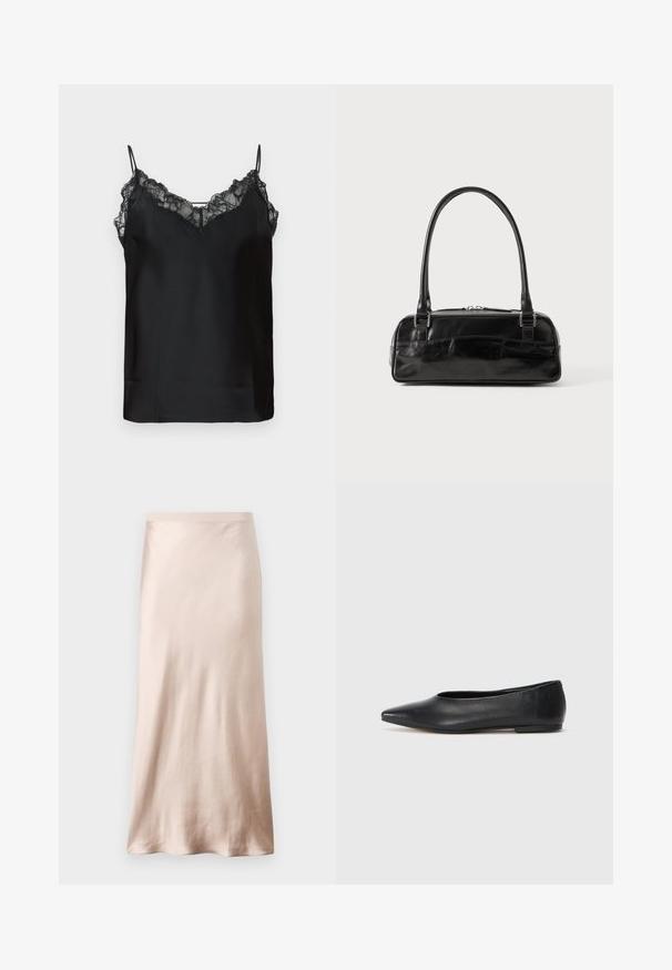 Sort blazer laget av glatt stoff, med en enkelt knappelukking, klippede revers og to frontlommer. Minimalistisk design med en avslappet passform.; Svart cami med tynne justerbare stropper, blondekant langs halslinjen, og en glatt satengtekstur. Enkelt og elegant design.; Satin midi skjørt i lys beige, med en tettsittende midje, glattere tekstur, og en utsvingt hem, uten synlige dekorasjoner eller lommer.; Sorte lærballerina med spiss tå, minimalistisk design, glatt tekstur, lav hæl uten synlig metall eller dekorasjoner.; Svart lærveske med rektangulær form, med en enkelt strukturert håndtak, sølvfargede detaljer og glidelås lukking. Glatt overflate.