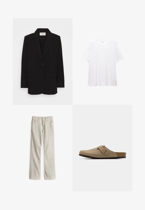 Zwarte blazer van soepel stof, met een enkele knoopsluiting, gelapte revers en twee voorkruiden. Minimalistisch ontwerp met een relaxte pasvorm.; Effen wit T-shirt van katoen met een ronde hals, korte mouwen en een relaxte pasvorm. Glad textuur zonder patronen of accenten.; Beige recht gesneden jeans gemaakt van een katoenmix. Heeft vijf zakken, een frontale knoopsluiting en subtiele stiksels.; Beige klompen met een afgeronde neus, verstelbare gespaccent, en kurk voetbed. Gestructureerd oppervlak met een zwarte rubberen zool voor grip.
