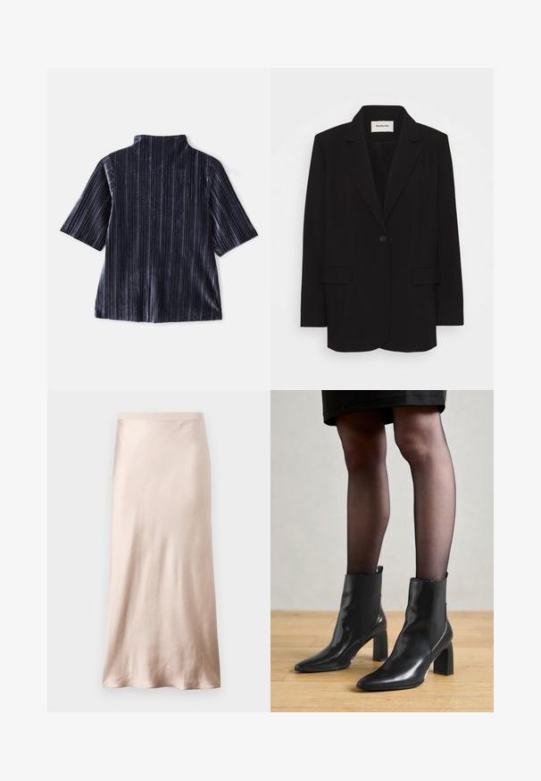 Sort blazer lavet af glat stof, med en enkelt knaplukning, stiklagte klipper og to forlommer. Minimalistisk design med en afslappet pasform.; Mørk fløjl kortærmet bluse med lodrette striber, ståkrave og blød tekstur. Har en afslappet pasform og glat finish.; Sort camisole med tynde justerbare stropper, blondekant langs udskæringen og en glat satin tekstur. Enkel og elegant design.; Satin midi-nederdel i lyse beige, med en tætsiddende talje, glat tekstur og en udvidet nederkant, uden synlige dekorationer eller lommer.; Sorte læderankelstøvler med spids tå, kraftig firkantet hæl og slankt design. Har elastiske sidepaneler for nem påtagning.