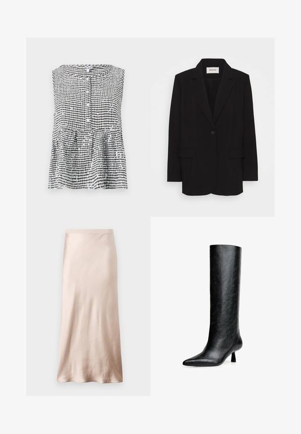 Black blazer made of smooth fabric, featuring a single button closure, notched lapels, and two front pockets. Minimalist design with a relaxed fit.; Sleeveless black and white checkered top with a button front and peplum hem, featuring a textured fabric and shiny sequins.; Satin midi skirt in light beige, featuring a fitted waist, smooth texture, and a flared hem, with no visible embellishments or pockets.; Black knee-high boot made from textured leather. Features a pointed toe and a small, flared heel. Sleek, smooth design with minimal accents.