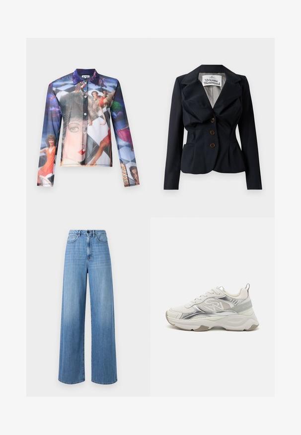 Jūrinis švarkas, pagamintas iš lygaus audinio, su peplum juosmeniu, dideliais atlapais ir trimis rudais mygtukais priekyje. Matoma Vivienne Westwood etiketė.; Permatomas mygtukų marškiniai su spalvingu fotografiniu atspaudu vaizduojančiu žmones dinamiškose pozose, klasikiniu apykakle ir ilgomis rankovėmis.; Šviesiai mėlyni plačios kojos džinsai, pagaminti iš džinsinio audinio, su aukštu liemeniu, diržo kilputėmis, priekinėmis kišenėmis ir kontrastingos siuvimo detalėmis.; Baltos sportiniai kedai su blizgia sidabrine apdaila, tinklelio detalėmis ir storu padu. Šone yra logotipas ir tekstūruotas kulno užtraukas.