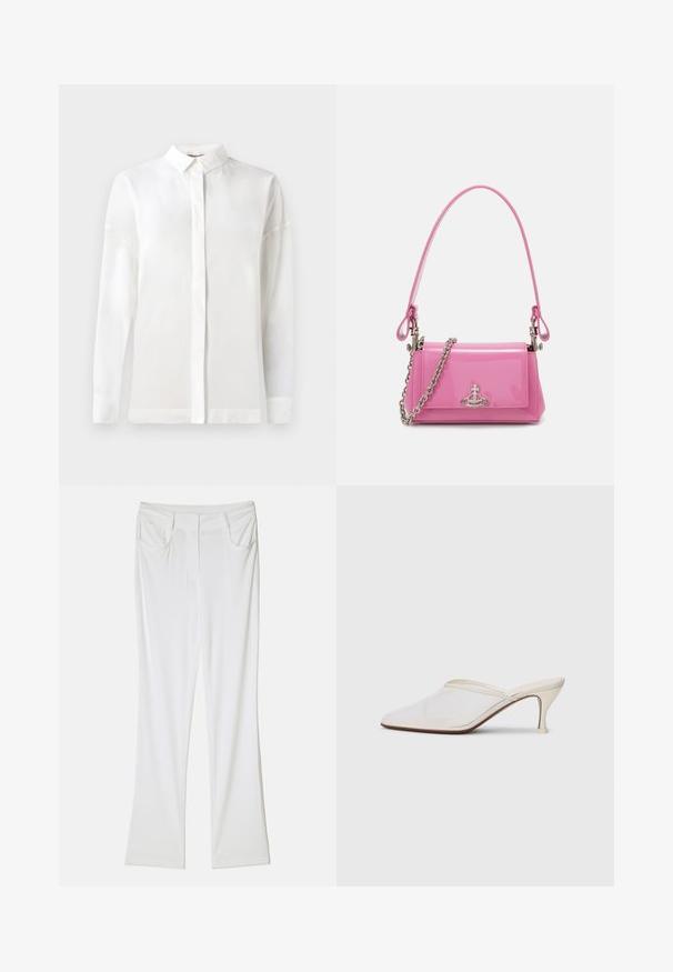 Marine blazer lavet af glat stof, med en peplum talje, store revers og tre brune knapper foran. Vivienne Westwood mærket er synligt.; Hvid langærmet skjorte med knapkrave, glat tekstur, lige snit og skjulte knapper. Blødt, letvægtsstof uden mønstre.; Hvide flagrende bukser med en glat tekstur, der har to forlommer og en syet talje for et tætsiddende look.; Hvide mesh spidse mule-sko med en slank hæl i mellem højde og slip-on design mod en ensfarvet baggrund.; Rosa patentlæder håndtaske med rektangulær form, aftagelig kædestaft og sølvhardwaredetalje på forsiden.