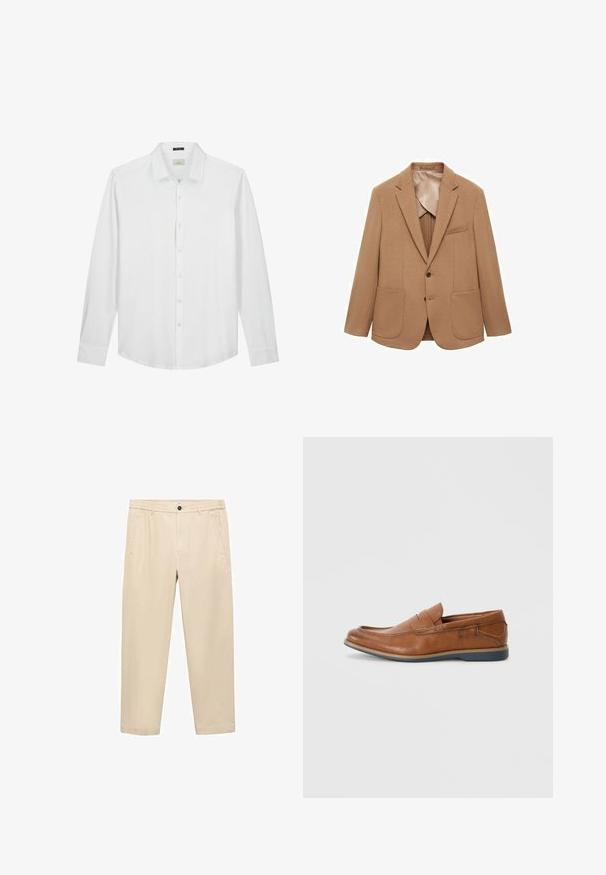 Brauner Wollmischblazer mit Reverskragen, zwei großen Fronttaschen, zwei-Knopf-Verschluss und glatter Futter.; Weißes Langarmhemd, Button-Down-Kragen, weicher Stoff, glatte Textur, dezentes Logo auf der Brust und klassischer Schnitt mit abgerundetem Saum.; Beige, lässige Hose aus einem weichen Stoff; mit elastischem Bund, Seitentaschen und geradem Schnitt.; Braune Lederloafers mit runder Spitze, gesteppten Akzenten und einer niedrigen Gummisohle. Das Design verfügt über ein Band über dem oberen Teil.