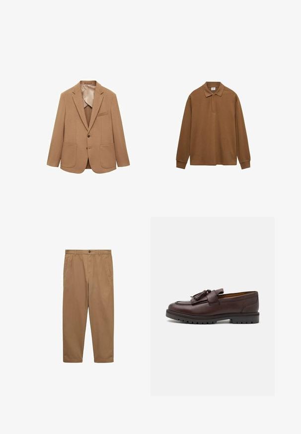 Brown wool blend blazer featuring a notched lapel, two large front pockets, two-button closure, and a smooth lining.; Brown long-sleeve polo shirt made from cotton, featuring a collar, button placket, and ribbed cuffs; smooth texture and relaxed fit.; Brown cotton chinos with a straight cut, two side pockets, a button closure, and a smooth texture. Mid-rise waist and tapered legs.; Zign Smart slip-ons - brown