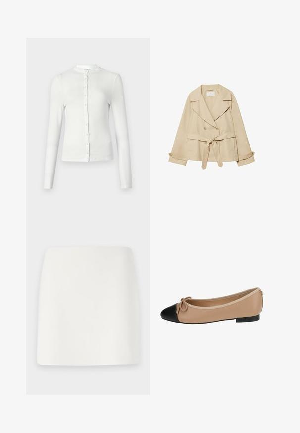 Beige trench coat dengan desain belitan, kancing ganda, kerah lebar, ikat pinggang di pinggang, dan lengan digulung dengan aksen kancing.; Valkoinen pitkähihainen ribbibaskeri, jossa on pyöreä kaula-aukko ja rivi pieniä, yhteensopivia nappeja edessä. Pehmeä rakenne, slim fit.; Pitkähihaisessa valkoisessa paidassa onavara leveä pääntie ja rypytetty yksityiskohta selässä. Silkkinen pinta, vartaloa myötäilevä muoto.; Valkoinen, muotoiltu minihame, jossa on sileä tekstuuri ja puhtaat linjat. Ei näkyviä kuvioita tai hardware-osia. Suora helma alaosassa.; Beige nahka ballet-tossut, joissa on musta kärki. Ominaisuuksiin kuuluu edessä oleva nauhakulma ja sileä pinta. Matala profiili, jossa on kumipohja.