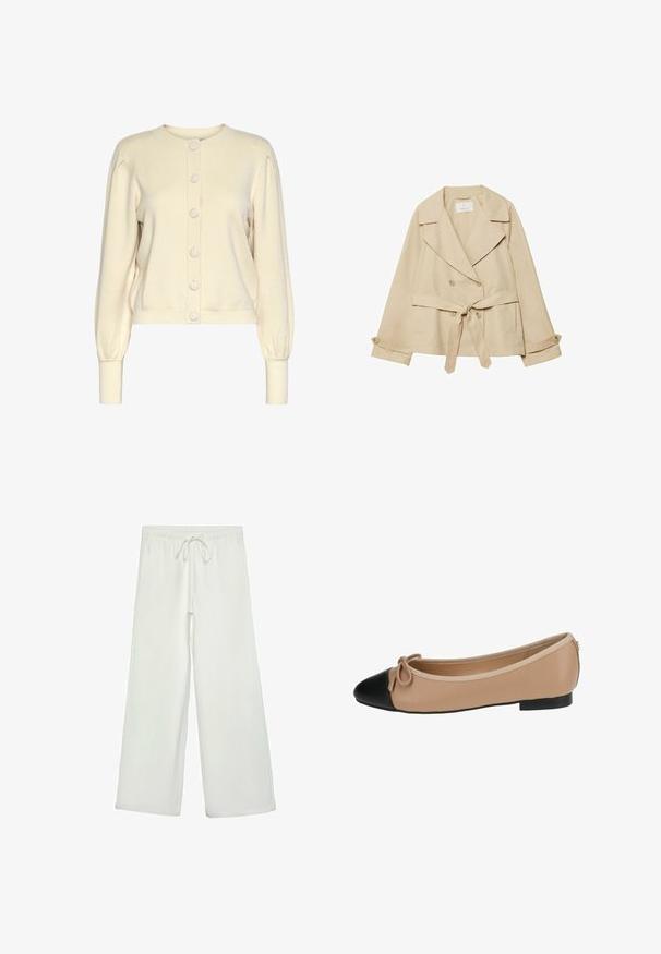 Beige trenchcoat med en omslagdesign, dubbelknapplång, breda slag, knytbälte i midjan och uppvikta ärmar med knappdetaljer.; Krämbetsstickad kofta med rund halsringning, långa ärmar, ribbade mudd, och knappstängning fram med stora, släta knappar.; Vit långärmad topp med vid halsringning och rynkdetalj bak. Slät textur, figurnära design.; Vita vida byxor i mjukt tyg. Har en elastisk midja med dragsko och en slät yta. Inga synliga mönster eller metalldetaljer.; Ballettskor i beige läder med svart tådel. Har en framknutdetalj och en slät yta. Lågprofildesign med en gummisula.