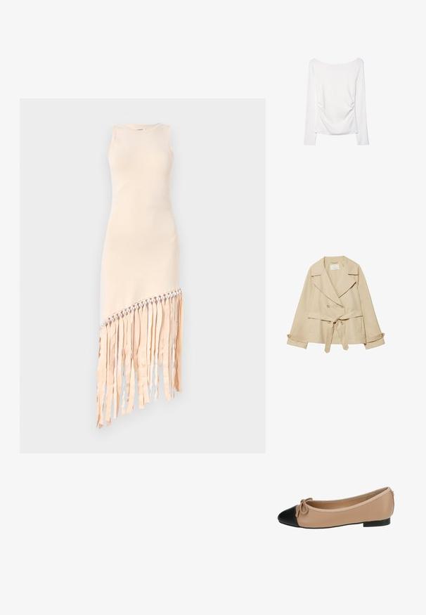 Beige Trenchcoat mit Wickeldesign, doppelten Knöpfen, breiten Revers, einem Bindegürtel in Taillenhöhe und hochgekrempelten Ärmeln mit Knopfdetails.; Ärmelloses Kleid aus leichtem Beigefarbenem Stoff, mit Fransenakzenten und einer Perlenreihe entlang dem Saum, in asymmetrischem Schnitt.; Langärmliges weißes Oberteil mit weitem Halsausschnitt und gerafftem Detail im Rücken. Glatte Textur, figurbetonter Schnitt.; Ballettflats aus beigem Leder mit einer schwarzen Kappe. Mit einer vorderen Schleifenverzierung und einer glatten Textur. Niedriges Profil mit einer Gummisohle.