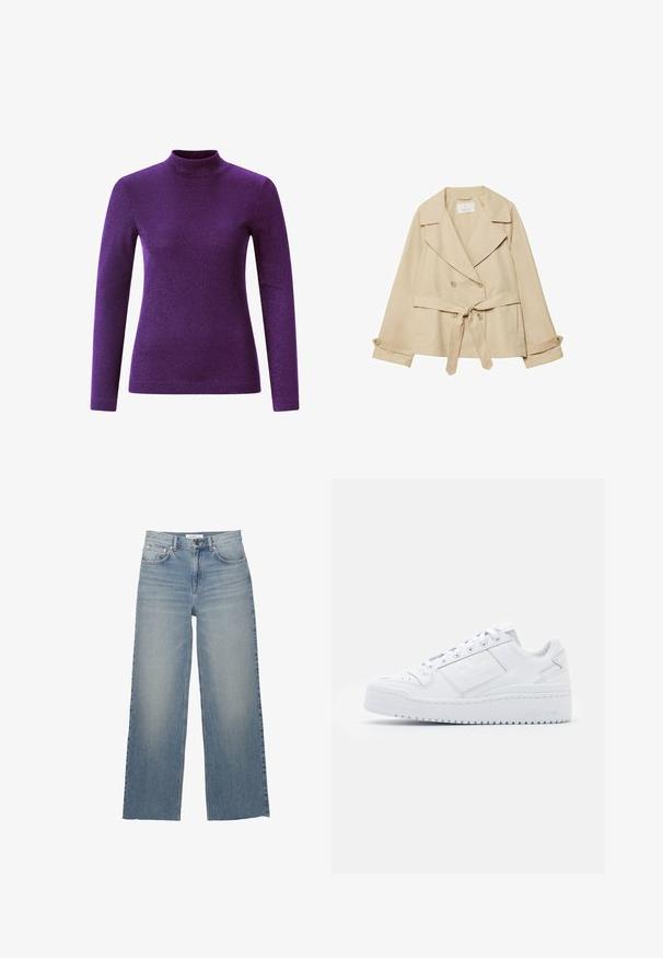 Beżowy płaszcz trench z marszczonym fasonem, podwójnymi guzikami, szerokimi klapami, paskiem w talii oraz podwijanymi rękawami z akcentami guzików.; Fioletowa bluzka z długim rękawem i golfem, wykonana z teksturowanego, błyszczącego materiału, o dopasowanym kroju i wysokim dekolcie.; Jasnoniebieskie jeansy o szerokich nogawkach, wykonane z dżinsu, z wysokim stanem, kieszeniami z przodu i zapięciem na guzik. Gładka tekstura z wyblakłymi miejscami.; Białe skórzane trampki o gładkiej fakturze, okrągłym nosku, niskim kroju, sznurowane, z platformą i subtelnym logo po boku.