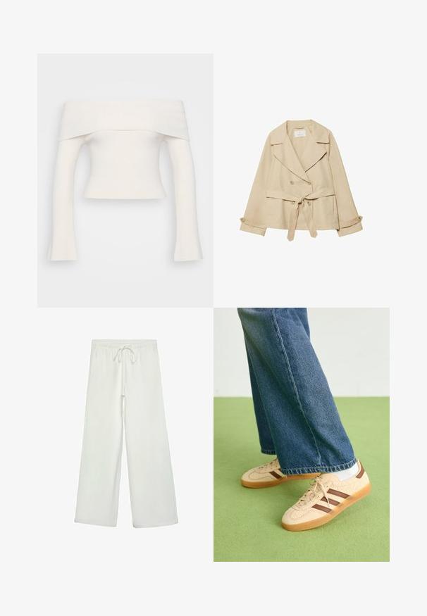 Bež plašč s ovitenim dizajnom, dvojni gumbi, široki ovratniki, pas z zavezanjem v pasu in zavihki rokavov z gumbnimi poudarki.; Top z usnjena ramena, rebrast pletenina v beli barvi. Kratka zasnova z dolgimi rokavi, ki se širi pri zapestjih. Mehak material, minimalno okrasitev.; Bele široke hlače iz mehkega blaga. Imajo elastičen pas s vrvico in gladko teksturo. Brez vidnih vzorcev ali kovinskih delov.; Bež teniske z teksturiranimi kremnimi paneli in rjavimi črtami, v kombinaciji z modrimi kavbojkami. Kavbojke imajo široke hlačnice in raztrgan rob.