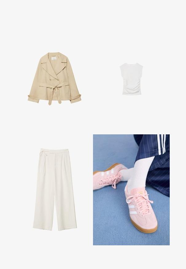 Manteau trench beige avec un design enveloppant, des boutons double boutonnage, des larges revers, une ceinture à la taille et des manches retroussables avec des accents de boutons.; Haut blanc à manches courtes avec un col rond. Doté d'une texture froncée sur les côtés et d'une silhouette ajustée, fabriqué à partir d'un matériau doux et extensible.; Pantalons larges en tissu blanc cassé avec une texture lisse. Dotés d'une taille nouée et d'un devant plissé, conçus pour un ajustement décontracté.; Des sneakers en daim rose clair avec des rayures et des lacets blancs, dotés d'une languette texturée et d'une semelle en gomme, posées sur un tapis bleu.