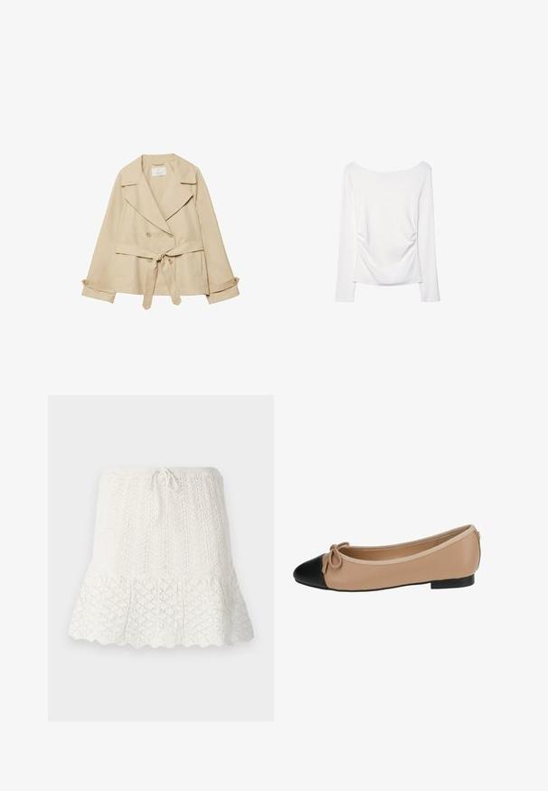 Beżowy płaszcz trench z marszczonym fasonem, podwójnymi guzikami, szerokimi klapami, paskiem w talii oraz podwijanymi rękawami z akcentami guzików.; Biała bluzka z długim rękawem z szerokim dekoltem i marszczeniem z tyłu. Gładka tekstura, dopasowany krój.; Biała spódnica dzianinowa z dopasowanym pasem i sznurkiem. Posiada teksturowany wzór z falbaniastym dołem oraz otwartymi wzorami w diamenty.; Baletki w beżowej skórze z czarnym noskiem. Posiadają detal w postaci kokardki z przodu oraz gładką fakturę. Niska sylwetka z gumową podeszwą.