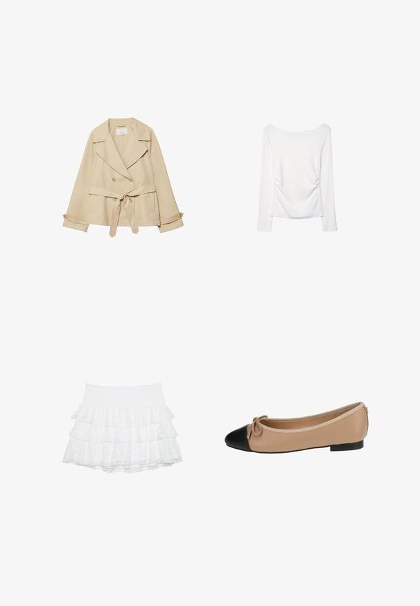 Manteau trench beige avec un design enveloppant, des boutons double boutonnage, des larges revers, une ceinture à la taille et des manches retroussables avec des accents de boutons.; Haut blanc à manches longues avec un large décolleté et un détail froncé à l'arrière. Texture lisse, design ajusté.; Jupe mini blanche à plusieurs niveaux, en dentelle texturée avec trois couches. La taille élastique offre de l'élasticité. Pas d'autres embellissements.; Ballerines en cuir beige avec un bout noir. Présentent un détail de nœud à l'avant et une texture lisse. Design à profil bas avec une semelle en caoutchouc.