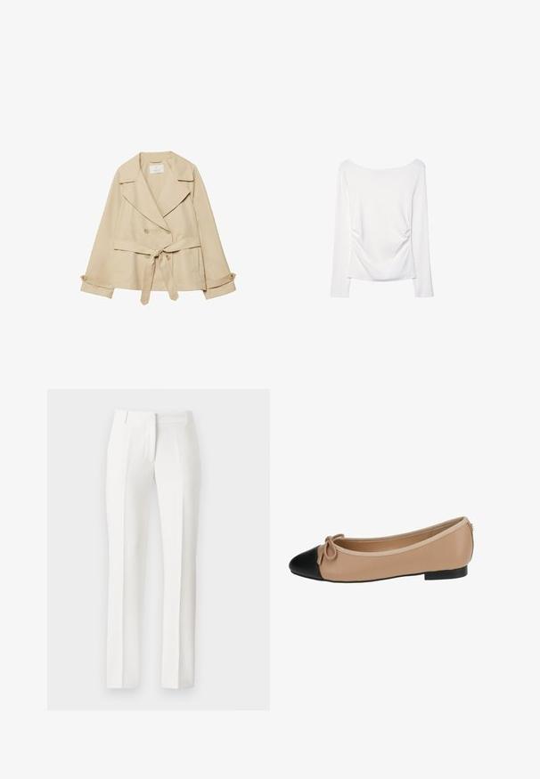 Manteau trench beige avec un design enveloppant, des boutons double boutonnage, des larges revers, une ceinture à la taille et des manches retroussables avec des accents de boutons.; Haut blanc à manches longues avec un large décolleté et un détail froncé à l'arrière. Texture lisse, design ajusté.; Pantalons blancs ajustés avec une jambe droite, présentant un devant plat, des poches latérales et une texture lisse, fabriqués en tissu léger.; Ballerines en cuir beige avec un bout noir. Présentent un détail de nœud à l'avant et une texture lisse. Design à profil bas avec une semelle en caoutchouc.