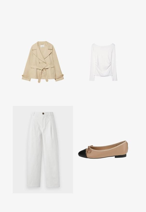 Bež trench kaput s dizajnom omotavanja, duplim kopčanjem gumba, širokim reverima, remenom na struku i rukavima koji se mogu podići s detaljima na gumbima.; Dugih rukava bijela majica s širokim izrezom i nabranim detaljem na leđima. Glatka tekstura, uskoprilagođeni dizajn.; Bijele široke hlače od pamuka s teksturiranim završetkom. Sadrže smeđi gumb, nabore i bočne džepove.; Baletna cipela u bež koži s crnim vrhom. Ima detalj s mašnom sprijeda i glatku teksturu. Nizak profil s gumenim potplatom.