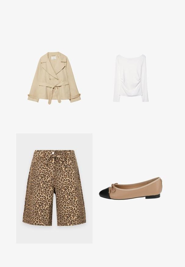 Beige trenchcoat med et omslagsdesign, dobbeltknaplukning, brede revers, bælte i taljen og oprullede ærmer med knapdetaljer.; Langærmet hvid bluse med en bred halsudskæring og gather-detalje på ryggen. Glat tekstur, tætsiddende design.; Leopardprint shorts med en beige bund, der har snor i livet, lommer og et blødt, struktureret stof.; Ballet flade i beige læder med spids sort tå. Har en frontsløjfe detalje og en glat tekstur. Lav profil design med en gummisål.