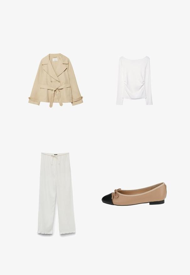 Beige trenchcoat met een wikkelontwerp, dubbele knopen, brede revers, strikceintuur in de taille en opgerolde mouwen met knoopaccenten.; Witte top met lange mouwen, voorzien van een wijde halslijn en geplooid detail aan de achterkant. Glad textuur, aansluitend ontwerp.; Wijd uitlopende broek in off-white, met een textuurstof, een elastische tailleband met koordje en onafgewerkte randen aan de zomen.; Ballett balletflat van beige leer met een zwarte punt. Heeft een strikdetail aan de voorkant en een gladde textuur. Laag profiel ontwerp met een rubberen zool.