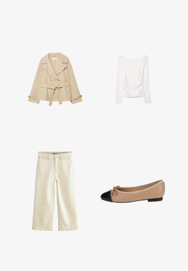 Beige trench coat dengan desain belitan, kancing ganda, kerah lebar, ikat pinggang di pinggang, dan lengan digulung dengan aksen kancing.; Pitkähihaisessa valkoisessa paidassa onavara leveä pääntie ja rypytetty yksityiskohta selässä. Silkkinen pinta, vartaloa myötäilevä muoto.; Valkoiset lyhyet farkut, joissa on hieman teksturoitu pinta. Omistaa normaalin vyötärön, jossa on kaksipainiketta ja viisi taskua.; Beige nahka ballet-tossut, joissa on musta kärki. Ominaisuuksiin kuuluu edessä oleva nauhakulma ja sileä pinta. Matala profiili, jossa on kumipohja.