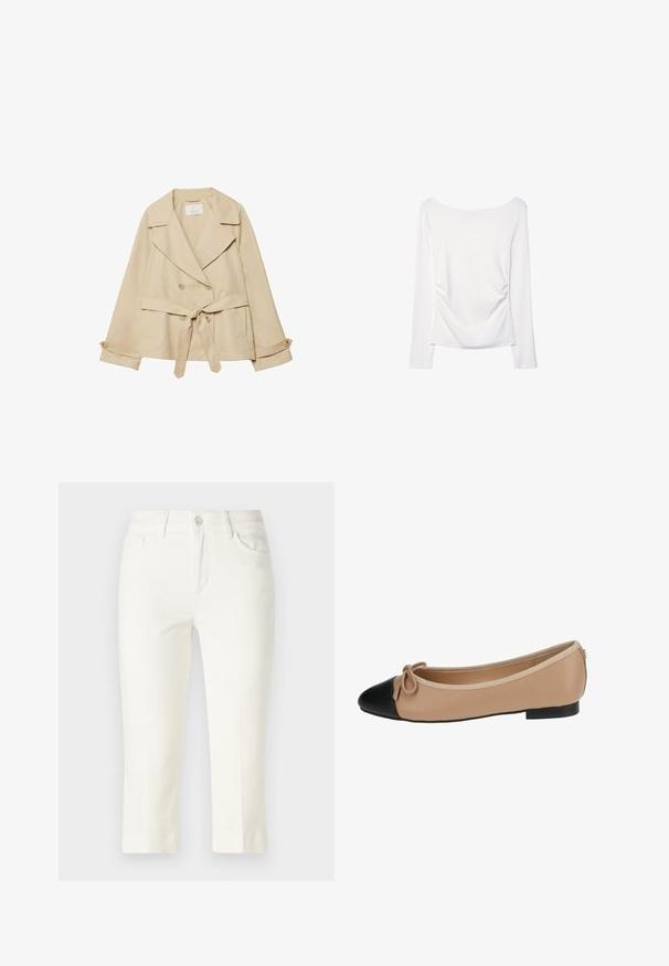 Cappotto trench beige con design avvolgente, bottoni doppi, ampi revers, cintura con nodo in vita e maniche arrotolate con dettagli a bottoni.; Top bianco a maniche lunghe con scollatura ampia e dettaglio arricciato sul retro. Texture liscia, design aderente.; Pantaloni cropped bianchi in cotone, con chiusura a bottone, tasche frontali e design a gamba dritta con finitura pulita.; Ballerine in pelle beige con punta nera. Presenta un dettaglio a fiocco sul davanti e una texture liscia. Design a profilo basso con suola in gomma.