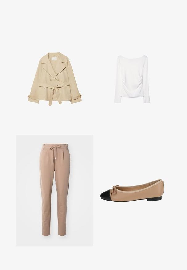 Beige trench coat with a wrap design, double-breasted buttons, wide lapels, tie belt at the waist, and roll-up sleeves with button accents.; Long-sleeve white top featuring a wide neckline and gathered detail at the back. Smooth texture, form-fitting design.; Beige trousers made of soft fabric, featuring a drawstring waistband, pleats at the front, and a tapered leg design.; Ballet flat in beige leather with a black cap toe. Features a front bow detail and a smooth texture. Low profile design with a rubber sole.