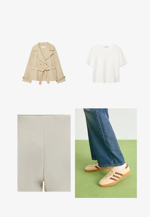 Beige Trenchcoat mit Wickeldesign, doppelten Knöpfen, breiten Revers, einem Bindegürtel in Taillenhöhe und hochgekrempelten Ärmeln mit Knopfdetails.; Weißes T-Shirt mit kurzen Ärmeln aus Baumwolle. Hat einen Rundhalsausschnitt und eine lockere Passform. Glatte Textur ohne sichtbare Muster oder Akzente.; OXXO HIGH RISE STRAIGHT FIT - Jogginghose - silver birch; Beige Sneakers mit strukturierten cremefarbenen Paneelen und braunen Streifen, kombiniert mit blauen Jeans. Die Jeans haben einen weiten Beinschnitt und einen fransigen Saum.