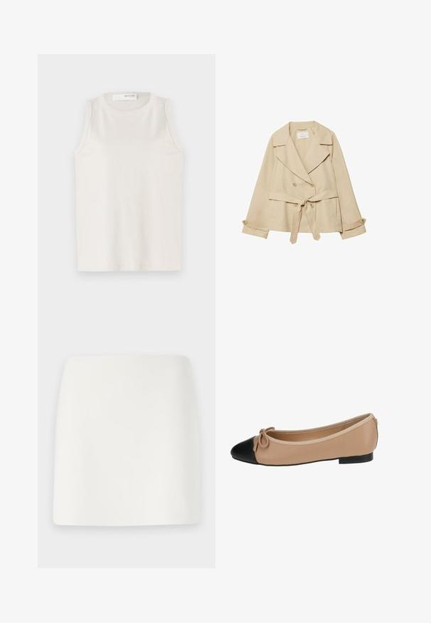 Cappotto trench beige con design avvolgente, bottoni doppi, ampi revers, cintura con nodo in vita e maniche arrotolate con dettagli a bottoni.; Top bianco senza maniche realizzato in tessuto morbido e liscio. Presenta un collo rotondo e un design semplice, privo di decorazioni o motivi.; Mini gonna bianca, aderente, con una texture liscia e linee pulite. Nessun motivo visibile o accessori. Orlo dritto sul fondo.; Ballerine in pelle beige con punta nera. Presenta un dettaglio a fiocco sul davanti e una texture liscia. Design a profilo basso con suola in gomma.