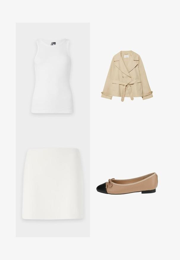 Béžový trenčkot s obepínacím designem, dvouřadým zapínáním, širokými klopami, opaskem na zavázání v pase a vyhrnovacími rukávy s knoflíkovými detaily.; Bílý žebrovaný tílko s kulatým výstřihem a bezramínkovým designem, vyrobené z měkké bavlněné směsi s elegantním střihem.; Bílá, přiléhavá minisukně s hladkým povrchem a čistými liniemi. Bez viditelných vzorů nebo kovových prvků. Rovný lem na spodním okraji.; Béžové baleríny z kůže s černým špičkovým dílem. Obsahují detail mašle na přední straně a hladký povrch. Nízký profil s gumovou podrážkou.