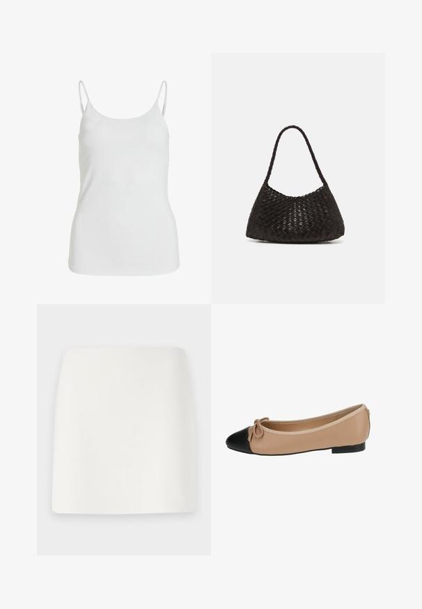 Beige trenchcoat med et omslagsdesign, dobbeltknaplukning, brede revers, bælte i taljen og oprullede ærmer med knapdetaljer.; Hvid camisole top lavet af glat stof, med tynde spaghetti stropper og et enkelt, udekoreret design.; Hvid, tætsiddende miniskørt med en glat tekstur og rene linjer. Ingen synlige mønstre eller hardware. Lige kant i bunden.; Ballet flade i beige læder med spids sort tå. Har en frontsløjfe detalje og en glat tekstur. Lav profil design med en gummisål.; DRAGON DIFFUSION ROSANNA - Håndtasker - dark brown