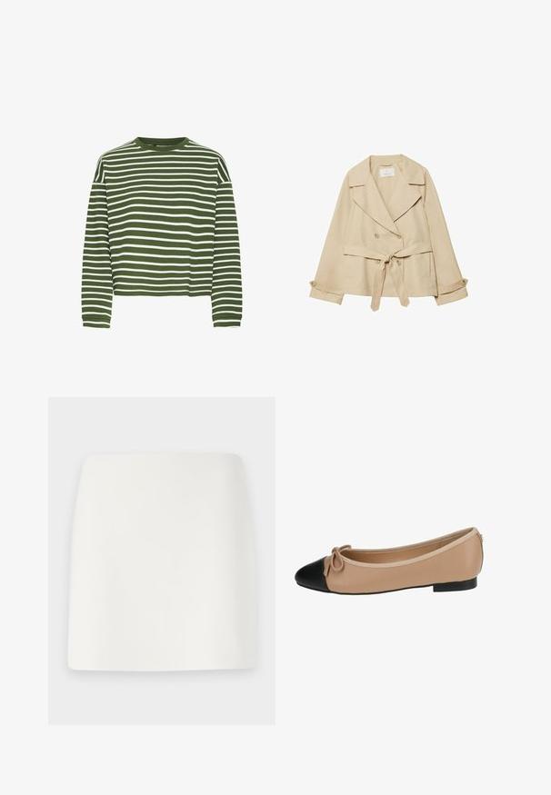 Cappotto trench beige con design avvolgente, bottoni doppi, ampi revers, cintura con nodo in vita e maniche arrotolate con dettagli a bottoni.; Maglietta a maniche lunghe a righe verdi e bianche con scollatura tonda e taglio dritto. Tessuto morbido e strutturato, con righe orizzontali equidistanti.; Mini gonna bianca, aderente, con una texture liscia e linee pulite. Nessun motivo visibile o accessori. Orlo dritto sul fondo.; Ballerine in pelle beige con punta nera. Presenta un dettaglio a fiocco sul davanti e una texture liscia. Design a profilo basso con suola in gomma.