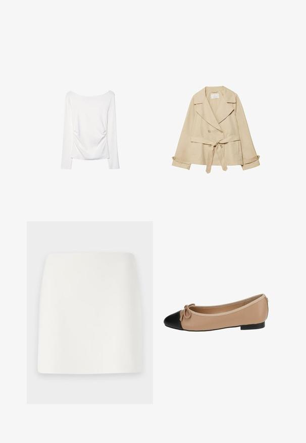 Beige Trenchcoat mit Wickeldesign, doppelten Knöpfen, breiten Revers, einem Bindegürtel in Taillenhöhe und hochgekrempelten Ärmeln mit Knopfdetails.; Langärmliges weißes Oberteil mit weitem Halsausschnitt und gerafftem Detail im Rücken. Glatte Textur, figurbetonter Schnitt.; Weißer, taillierter Minirock mit glatter Textur und klaren Linien. Keine sichtbaren Muster oder Beschläge. Gerader Saum am unteren Ende.; Ballettflats aus beigem Leder mit einer schwarzen Kappe. Mit einer vorderen Schleifenverzierung und einer glatten Textur. Niedriges Profil mit einer Gummisohle.