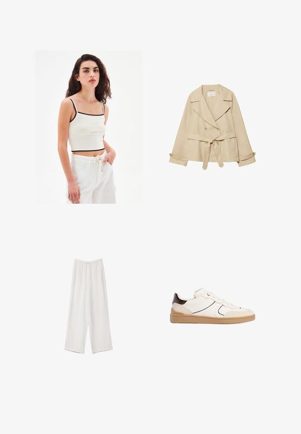 Beige trenchcoat med et omslagsdesign, dobbeltknaplukning, brede revers, bælte i taljen og oprullede ærmer med knapdetaljer.; Hvid cropped tanktop med firkantet halsudskæring og tynde sorte kanter. Modellen sætter den sammen med hvide bukser med snoretræk. Glat stofstruktur.; Hvide bukser med bred benlængde lavet af et letvægtsstof. Har et elastisk talje med snor og sidelommer. Glat tekstur.; Stradivarius Sneakers - white