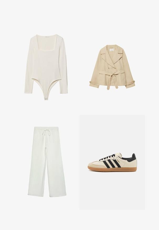 Béžový trenčkot s obepínacím designem, dvouřadým zapínáním, širokými klopami, opaskem na zavázání v pase a vyhrnovacími rukávy s knoflíkovými detaily.; Bodysuit s dlouhým rukávem v jemné smetanové barvě, s čtvercovým výstřihem, hladkým povrchem a patentkami v rozkroku pro snadné oblékání.; Bílé kalhoty s širokými nohavicemi vyrobené z měkké tkaniny. Mají elastický pas se stahovací šňůrkou a hladkou strukturu. Žádné viditelné vzory ani kovové prvky.; Beige sportovní obuv s černými pruhy, gumovou podešví a černými akcenty. Disponuje hladkým koženým svrškem a zaobleným tvarem špičky.