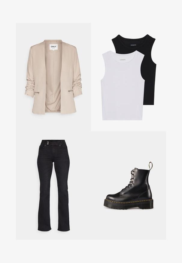 Béžový blejzer s šálovým golierom, riasenými rukávmi, bočnými zipsovými detailmi a hladkou textúrou látky. Otvorený predný diel bez zapínania.; Dve bezrukávové topy v čiernej a bielej farbe, vyrobené z rebrovanej bavlny, s okrúhlym výstrihom a priliehavým strihom. Viditeľné štítky na oboch.; Čierne riflové rozšírené džínsy s vysokým pásom, dvoma prednými vreckami a kontrastnými kovovými gombíkmi. Hladká štruktúra s miernym elastanom.; Čierne kožené členkové topánky na šnurovanie s masívnou čiernou podrážkou a žltým prešitím. Obsahujú pútko na zadnej strane a okrúhle kovové očká.