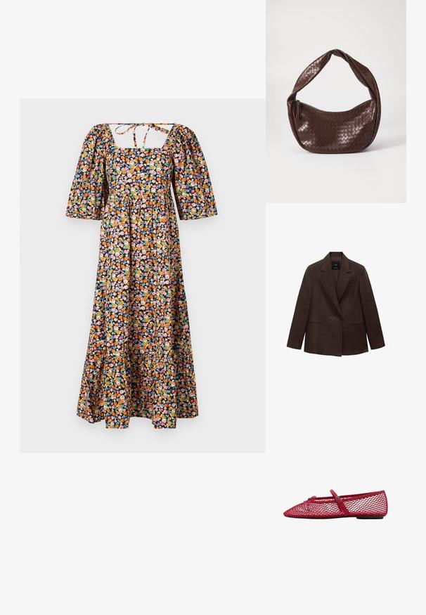 Ruskea kaksirivinen bleiseri, jossa on lovettu kaulus, pitkät hihat, kaksi etutaskua ja sileä pinta. Tunnus on näkyvissä kauluksen sisällä.; Kukkakuvioinen maksimittainen mekko, jossa on neliönmuotoinen kaula-aukko, puffihihat ja istuva yläosa. Mekossa on musta tausta, jossa on monivärisiä kukkakuvioita.; Punaiset verkkomateriaalista valmistetut balettikengät, joissa on teräväkärkinen muotoilu ja ohut nauha sekä solkiyksityiskohta. Yläsovitus on avoin, pesäkynttäkuvioitu.; Ruskea kudottu nahkalaukku, jossa on kaareva, solmittu kahva ja vetoketjukiinnitys. Sujuva pinta ja pyöreä muoto.