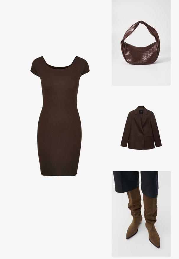Ruskea kaksirivinen bleiseri, jossa on lovettu kaulus, pitkät hihat, kaksi etutaskua ja sileä pinta. Tunnus on näkyvissä kauluksen sisällä.; Ruskea ribattu bodycon-mekko, jossa on lyhyet hihat ja avara pääntie, suunniteltu istumaan tiukasti. Sujuva pinta kauttaaltaan.; Ruskean mokkanahkaiset löysät polvipituiset saappaat, joissa on terävä kärki ja musta pohja, pehmeällä tekstuurilla ja väljä istuvuus pohkeessa.; Ruskea kudottu nahkalaukku, jossa on kaareva, solmittu kahva ja vetoketjukiinnitys. Sujuva pinta ja pyöreä muoto.