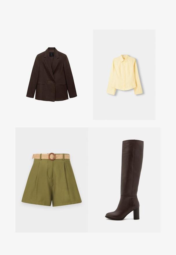 Sacou maro, cu două rânduri de nasturi, guler cu rever, mâneci lungi, două buzunare frontale și o textură netedă. Eticheta este vizibilă în interiorul gulerului.; Cămașă galbenă cu dungi, cu mâneci lungi, guler ascuțit și închidere cu butoane în față. Prezintă dungi verticale albastre și un croi adaptat.; Șorturi verzi măslinii cu pliuri, prezentând un centură din paie țesută și cataramă din inel din lemn. Textură netedă, design croit cu linii curate.; Botă din piele maro, până la genunchi, cu toc bloc, textură netedă, vârf rotund și detalii de cusătură minime.
