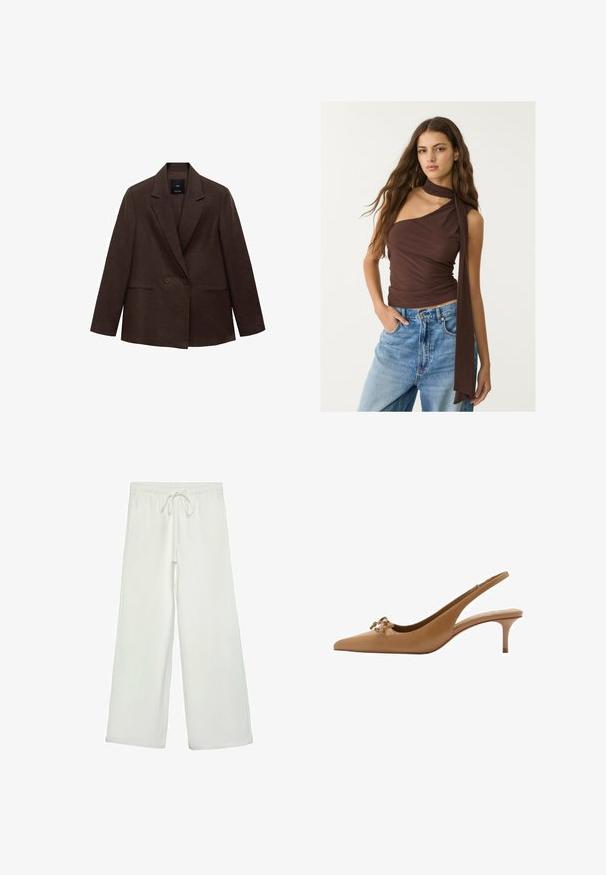 Brązowa marynarka dwurzędowa z klapami, długimi rękawami, dwoma przednimi kieszeniami i gładką fakturą. Metka widoczna wewnątrz kołnierza.; Brązowy bezrękawnik z drapowanym dekoltem i długim wiązaniem. Charakteryzuje się dopasowanym krojem, miękką teksturą i zbieranym wzorem, w połączeniu z niebieskimi dżinsami.; Białe spodnie o szerokich nogawkach wykonane z miękkiego materiału. Posiadają elastyczny pas ze sznurkiem i gładką teksturę. Brak widocznych wzorów lub elementów metalowych.; Skórzane sandały na obcasie w kolorze brązowym o ostrej czubku, z małym obcasem oraz ozdobnym kokardką z przodu. Gładka tekstura i klasyczny design.