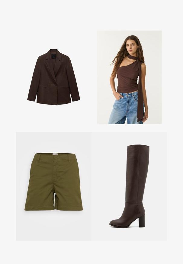 Blazer marrone doppiopetto con revers, maniche lunghe, due tasche frontali e una texture liscia. L'etichetta è visibile all'interno del colletto.; Top marrone senza maniche con scollatura drappeggiata e lungo nodo. Presenta una silhouette aderente, una texture morbida e un design arricciato, abbinato a jeans blu.; Pantaloni corti verde oliva realizzati in tessuto leggero, con un taglio classico e orlo dritto, dotati di tasche frontali. Vita piatta con passanti.; Stivale in pelle marrone al ginocchio con tacco a blocco, texture liscia, punta arrotondata e dettagli di cucitura minimi.