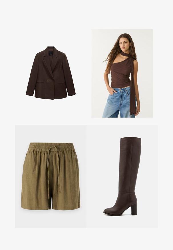 Blazer marrone doppiopetto con revers, maniche lunghe, due tasche frontali e una texture liscia. L'etichetta è visibile all'interno del colletto.; Top marrone senza maniche con scollatura drappeggiata e lungo nodo. Presenta una silhouette aderente, una texture morbida e un design arricciato, abbinato a jeans blu.; Shorts verde oliva da indossare, realizzati in tessuto leggero, con vita elasticizzata e cordino, dal taglio rilassato e comodo.; Stivale in pelle marrone al ginocchio con tacco a blocco, texture liscia, punta arrotondata e dettagli di cucitura minimi.
