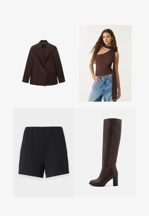 Brauner doppelt geknöpfter Blazer mit Reverskragen, langen Ärmeln, zwei vorderen Taschen und glatter Textur. Etikett ist im Kragen sichtbar.; Braunes ärmelloses Oberteil mit gerafftem Ausschnitt und langen Bändern. Verfügt über eine figurbetonte Silhouette, weiche Textur und Raffung, kombiniert mit blauen Jeans.; Schwarze Sportshorts aus elastischem Material mit einem elastischen Bund, flachen Nähten, lockerer Passform und glatter Textur. Keine Taschen oder Verzierungen.; Braune Lederstiefel bis zum Knie mit Blockabsatz, glatter Textur, runder Spitze und minimalen Nahtdetails.
