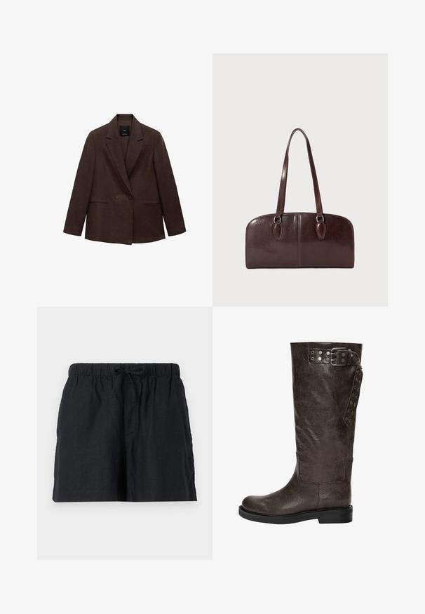 Brun dobbeltradet blazer med skrå krave, lange ærmer, to forlommer og en glat tekstur. Mærket er synligt indeni kraven.; Brun, ærmeløs top med draperet halsudskæring og lang slips. Har en tætsiddende silhuet, blød tekstur og samlet design, parret med blå jeans.; Sorte linnedesign shorts med elastisk talje og snor. Har sidelommer og et afslappet fit.; Brune læderknæhøje støvler med en struktureret finish, der har en spændedetalje og trykknapaccents på siden, samt en flad gummisål.; Brun lædertaske med to lange håndtag, en struktureret rektangulær form, glat tekstur og afrundede kanter. Har accentdetaljer ved håndtagene.