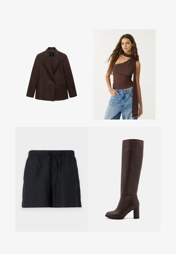 Brun dobbeltradet blazer med skrå krave, lange ærmer, to forlommer og en glat tekstur. Mærket er synligt indeni kraven.; Brun, ærmeløs top med draperet halsudskæring og lang slips. Har en tætsiddende silhuet, blød tekstur og samlet design, parret med blå jeans.; Sorte linnedesign shorts med elastisk talje og snor. Har sidelommer og et afslappet fit.; Brun læderknæhøj støvle med en blokhæl, glat tekstur, rund tå og minimale syninger.