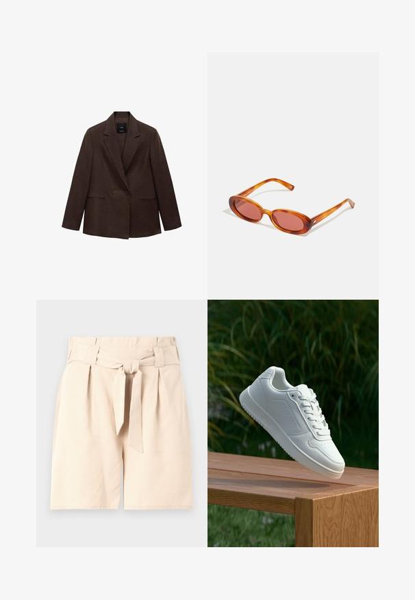 Brauner doppelt geknöpfter Blazer mit Reverskragen, langen Ärmeln, zwei vorderen Taschen und glatter Textur. Etikett ist im Kragen sichtbar.; Hellblaues Langarmhemd mit button-down Kragen, einer Brusttasche und einem lockeren Schnitt. Glatte Stoffstruktur und klassisches Design.; Beige, hochgeschnittene Shorts mit einem vorderen Bindegürtel, plissiertem Design und glatter Stofftextur. Sauberer, taillierter Schnitt ohne sichtbare Muster.; Weiße Sneaker mit einem glatten, synthetischen Obermaterial, perforierter Zehenbox, flachen Schnürsenkeln und einer strukturierten Sohle, präsentiert auf einer Holzoberfläche.; Ovale Sonnenbrillen mit transparenten orangen Rahmen und getönten Gläsern. Elegantes Design mit schlanken Bügeln, die dezente Branding-Details aufweisen.; Braune Wildleder-Tasche mit weicher Textur, ausgestattet mit einem einzelnen Schulterriemen und einer dezenten, gewölbten Öffnung an der Oberseite. Keine sichtbaren Beschläge.