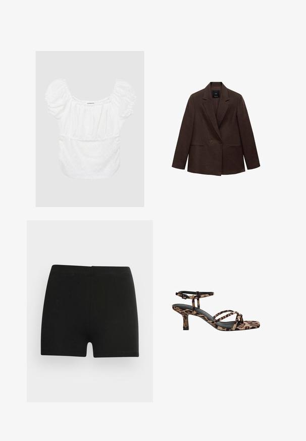 Ruskea kaksirivinen bleiseri, jossa on lovettu kaulus, pitkät hihat, kaksi etutaskua ja sileä pinta. Tunnus on näkyvissä kauluksen sisällä.; Valkoinen pusero puffihihnoilla, kukkakuviollinen verkkokudos, joustava kaula-aukko ja vyötärö, pehmeä pinta ja rento istuvuus. Bränditag näkyvissä.; Musta puuvillahousut, joissa on tiukka malli ja joustava vyötärö. Sileä rakenne, reiden keskiväliin ulottuva pituus, eikä näkyviä kuvioita tai korostuksia.; Naiskahva leopardikuosiset korkokengät, joissa on neliönmuotoinen kärki, useita remmejä ja keskipitkä korko. Valmistettu pehmeästä tekstiilimateriaalista.