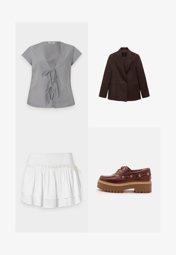 Blazer marrone doppiopetto con revers, maniche lunghe, due tasche frontali e una texture liscia. L'etichetta è visibile all'interno del colletto.; Maglia grigia a righe con scollatura a V e maniche corte. Presenta una chiusura anteriore con nodo e una texture di tessuto morbido. Le righe verticali aggiungono interesse visivo.; Gonna bianca a strati con vita elastica, caratterizzata da un dettaglio in smocking testurizzato e un nastro decorativo. Tessuto di cotone.; Scarpa da barca in pelle marrone con suola in gomma marrone robusta, occhielli dorati e cuciture a contrasto. Presenta un logo sul lato.