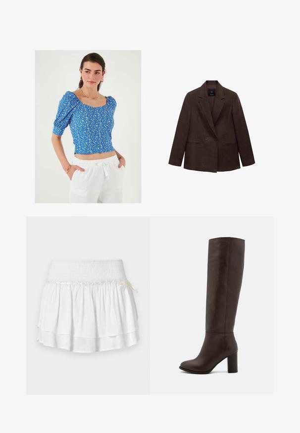 Hnědý dvoubarevný blazer s klopami, dlouhými rukávy, dvěma předními kapsami a hladkou texturou. Štítek je viditelný uvnitř límce.; Modrý květinový crop top s nafouklými rukávy a čtvercovým výstřihem, s malým bílým květinovým vzorem a texturovanou tkaninou. V kombinaci s bílými kalhotami.; Bílá skládaná sukně s elastickým pasem, s texturovaným smockingem a dekorativním stužkovým detailem. Bavlněná tkanina.; Hnědá kožená vysoká bota po kolena s blokovým podpatkem, hladkým povrchem, zaoblenou špičkou a minimálními švy.