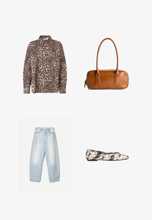 Blazer marron croisé avec un col à revers, manches longues, deux poches avant et une texture lisse. L'étiquette est visible à l'intérieur du col.; Chemise à boutons en imprimé léopard dans un tissu beige et marron. Elle a des manches longues, un col et une poche poitrine.; Jean en denim bleu clair à coupe décontractée, avec une finition délavée, deux poches avant et une fermeture par bouton au niveau de la taille.; Ballerine à pois noir et blanc avec un petit nœud sur le bout arrondi et un petit talon, vue de côté sur un fond blanc.; Sac à main en cuir marron avec deux longues poignées, de forme rectangulaire, texture lisse, fermeture éclair et accessoires en métal argenté.; Collier en perles de pierre noir et gris avec un fermoir en or et une chaîne réglable, mettant en valeur une texture lisse et des formes de perles variées.