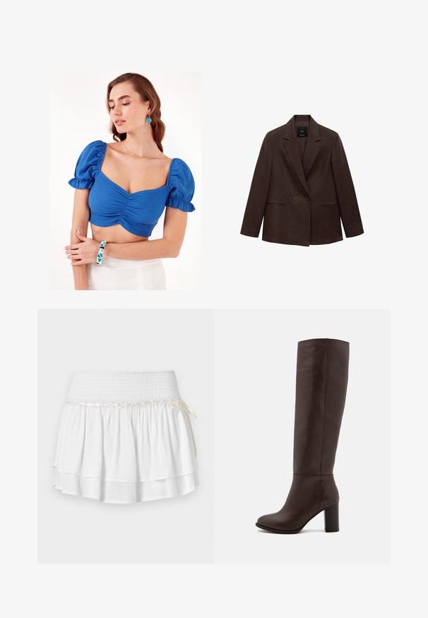 Blazer marrone doppiopetto con revers, maniche lunghe, due tasche frontali e una texture liscia. L'etichetta è visibile all'interno del colletto.; Top corto blu con maniche a sbuffo e dettaglio arricciato sul davanti. Il modello indossa un bracciale a motivo geometrico e una collana semplice. Lo sfondo è bianco uniforme.; Gonna bianca a strati con vita elastica, caratterizzata da un dettaglio in smocking testurizzato e un nastro decorativo. Tessuto di cotone.; Stivale in pelle marrone al ginocchio con tacco a blocco, texture liscia, punta arrotondata e dettagli di cucitura minimi.